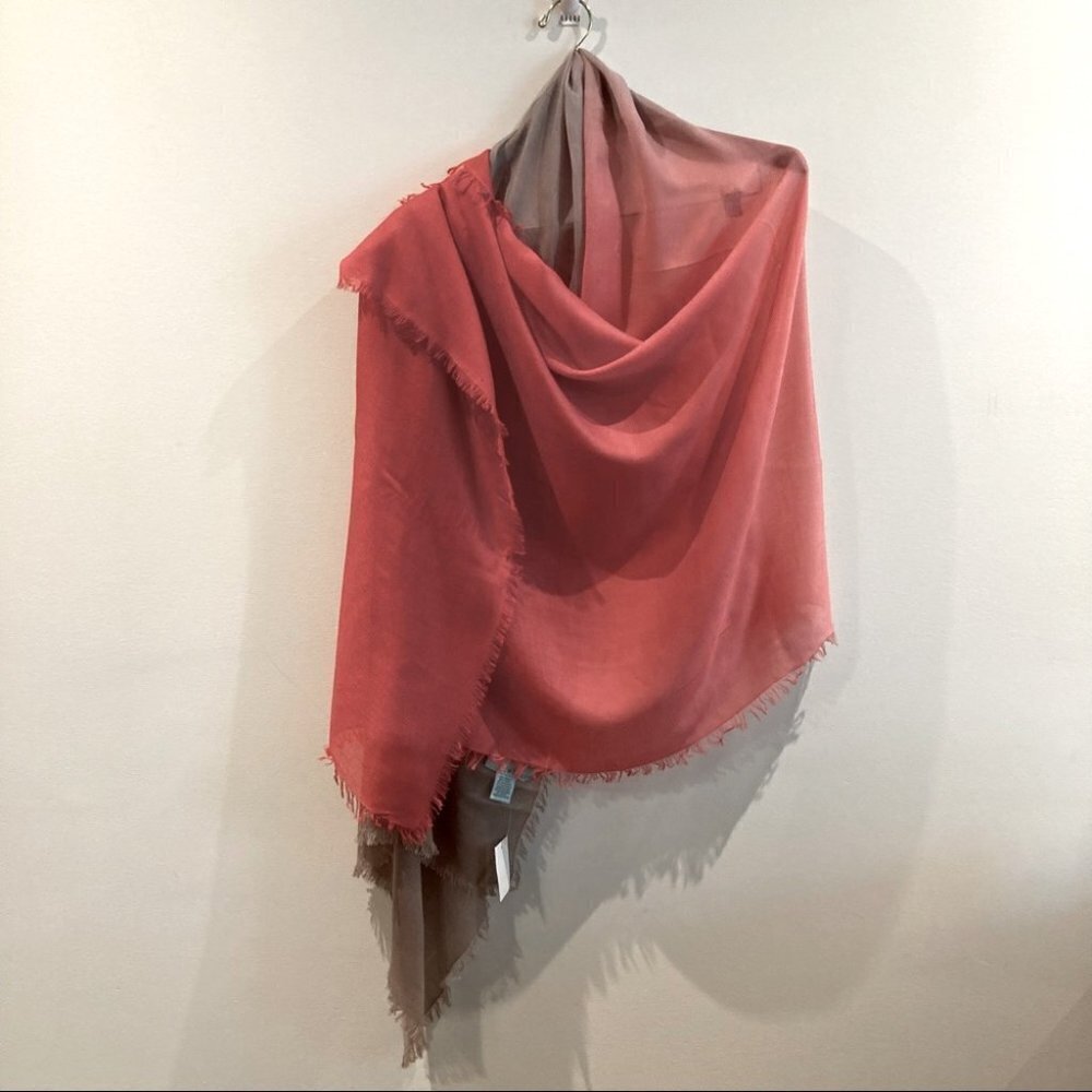 CELESTE Coral Warm Grey Beige Ombre Fringed Large Shawl Scarf Cashmere Blend